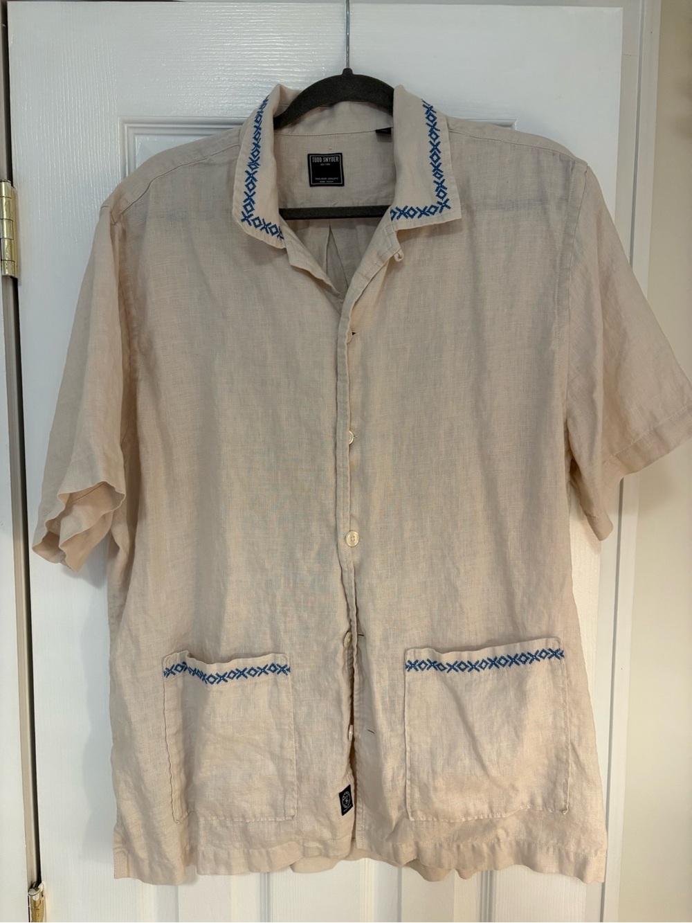 Todd Snyder Beige Linen Short-Sleeve Shirt with Blue Embroidered Trim